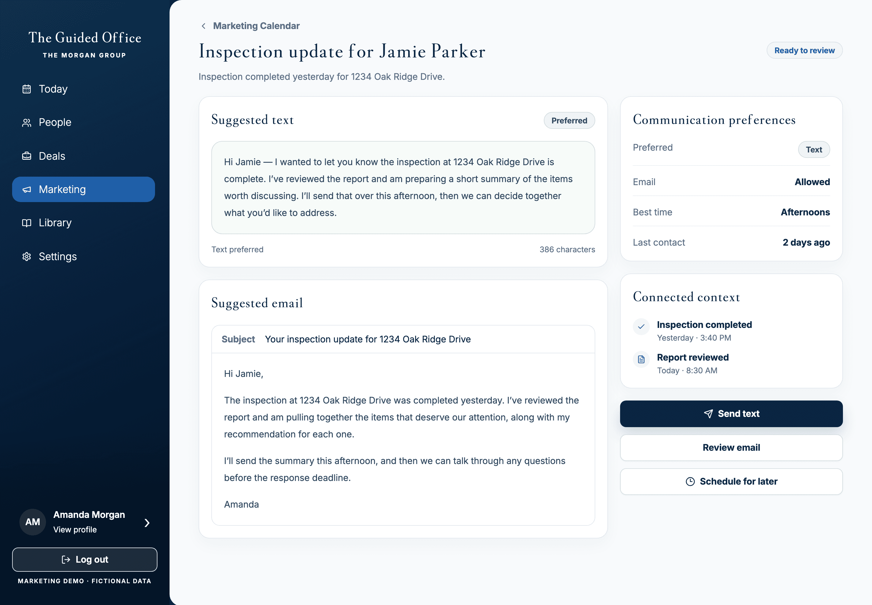 The Guided Office communication review screen with a client update ready to send using fictional demonstration data