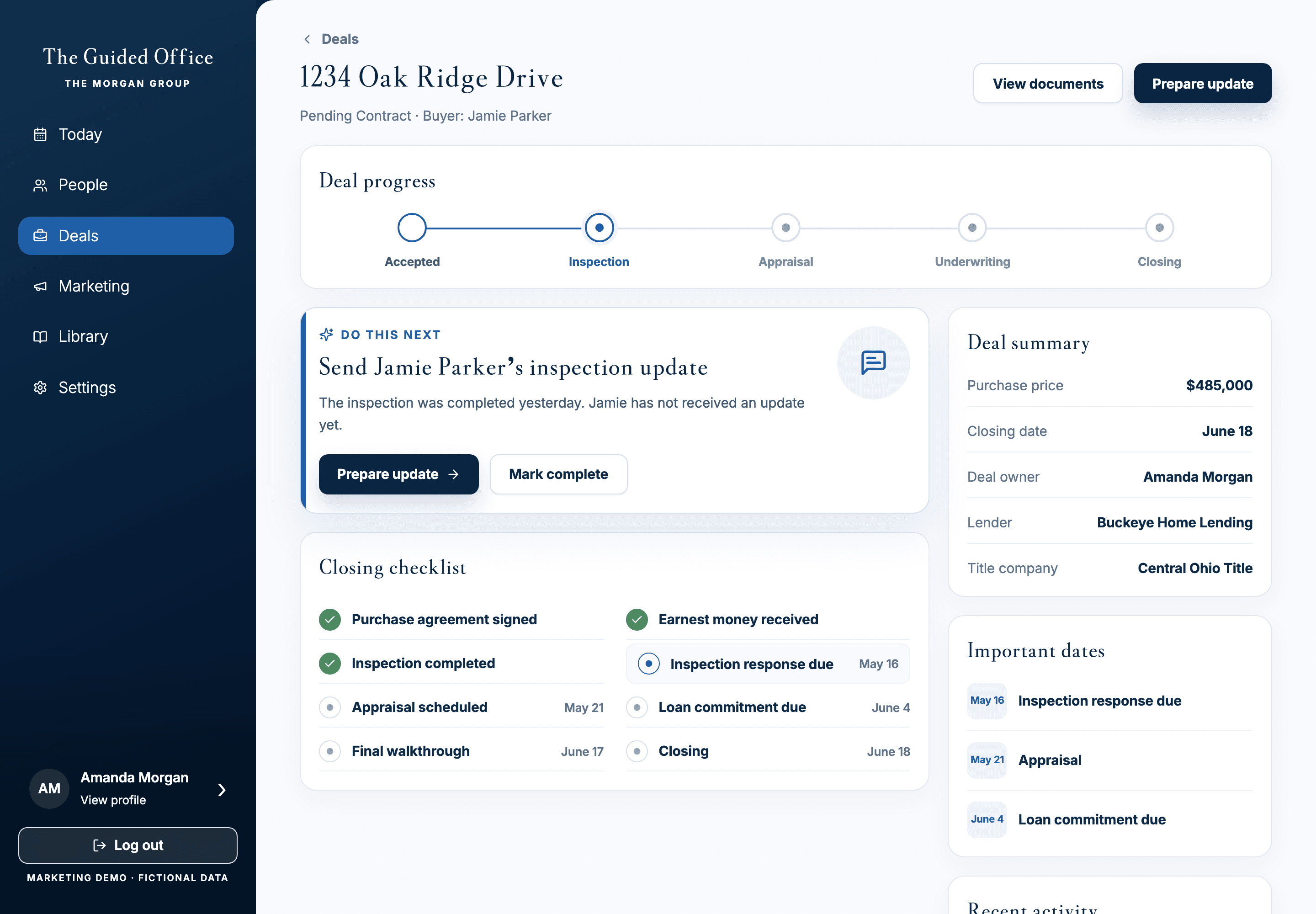 Deal detail showing the next stage, checklist, and upcoming dates using fictional demo data