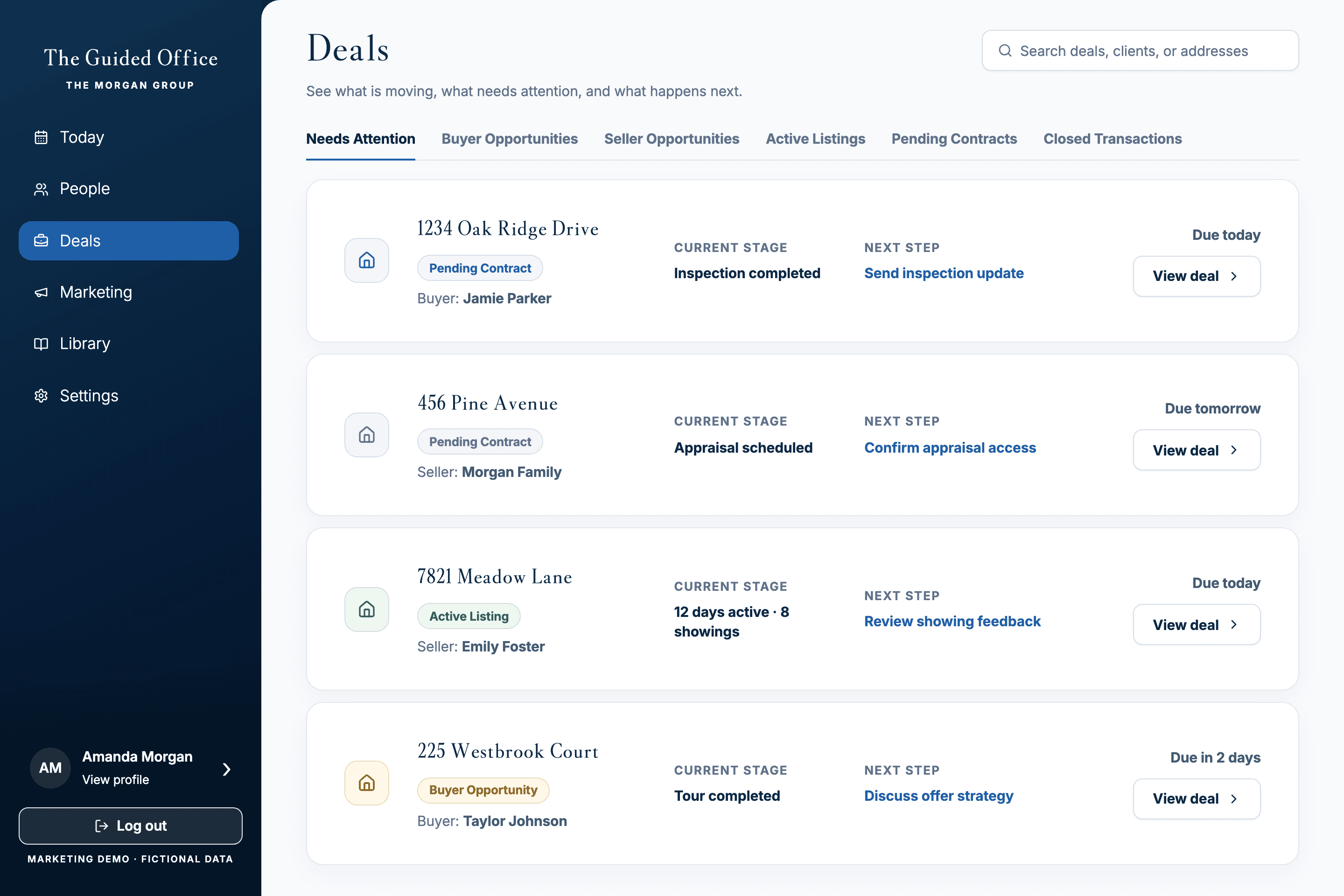 Deals and their next steps in a fictional Guided Office demo