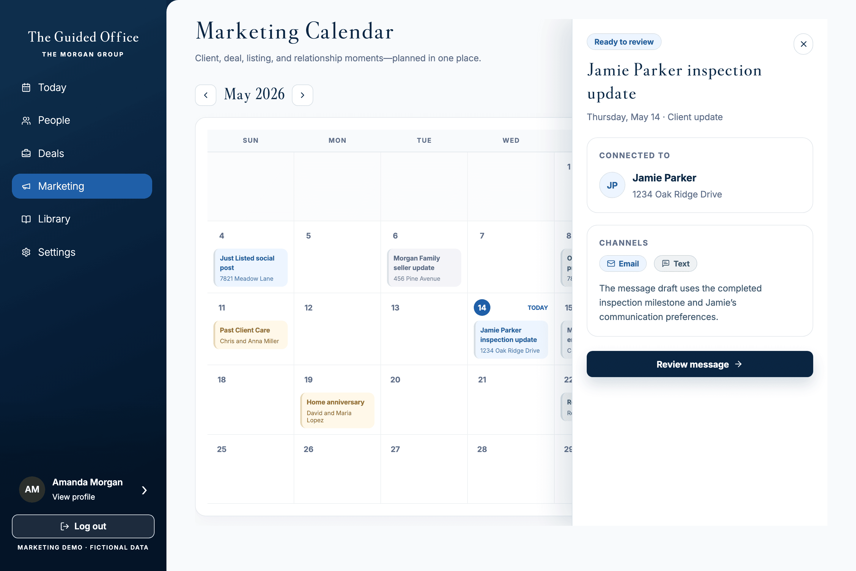 The Guided Office Marketing calendar with a client update ready to review using fictional demo data