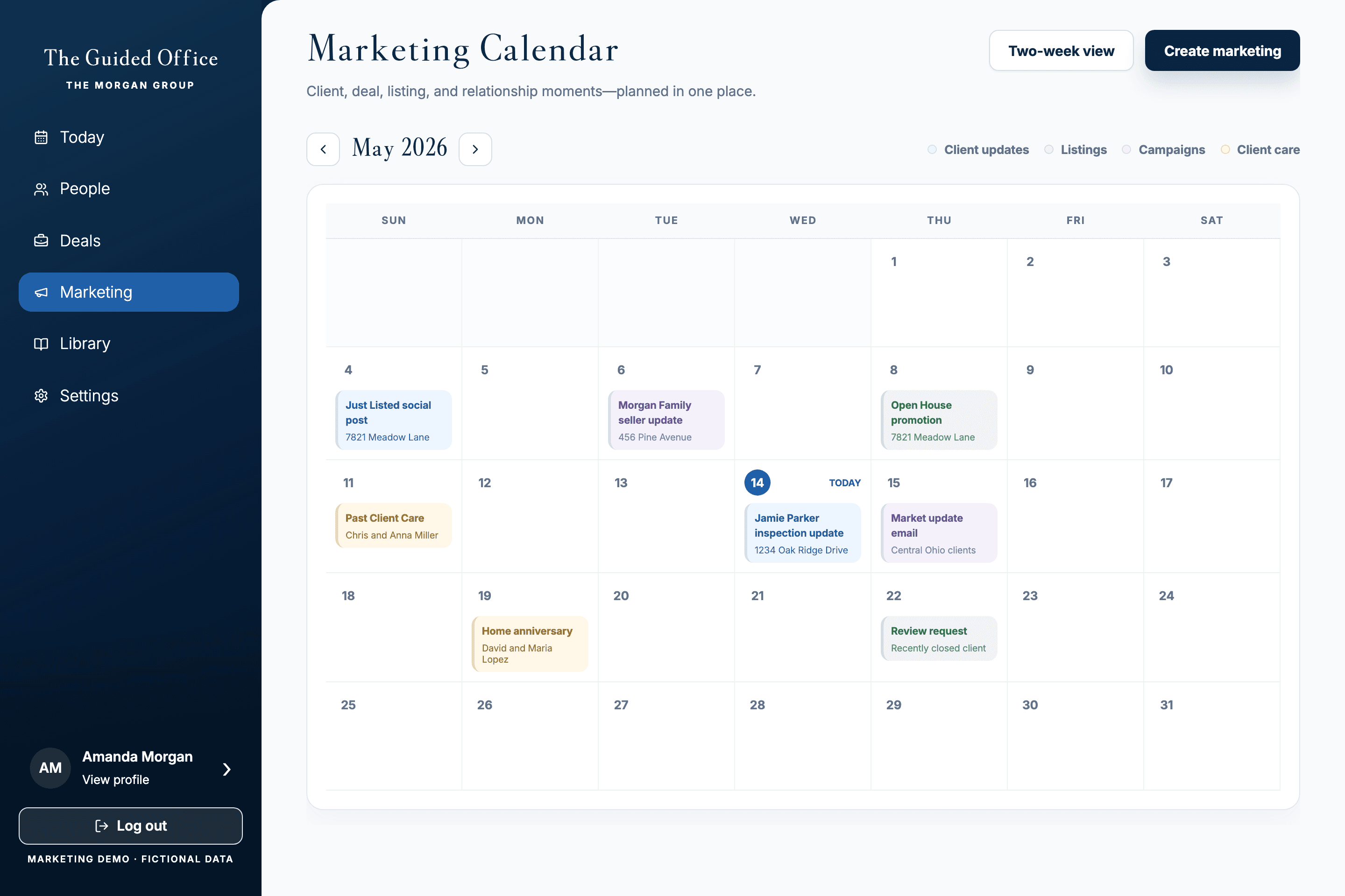 Marketing calendar connected to activity using fictional demo data