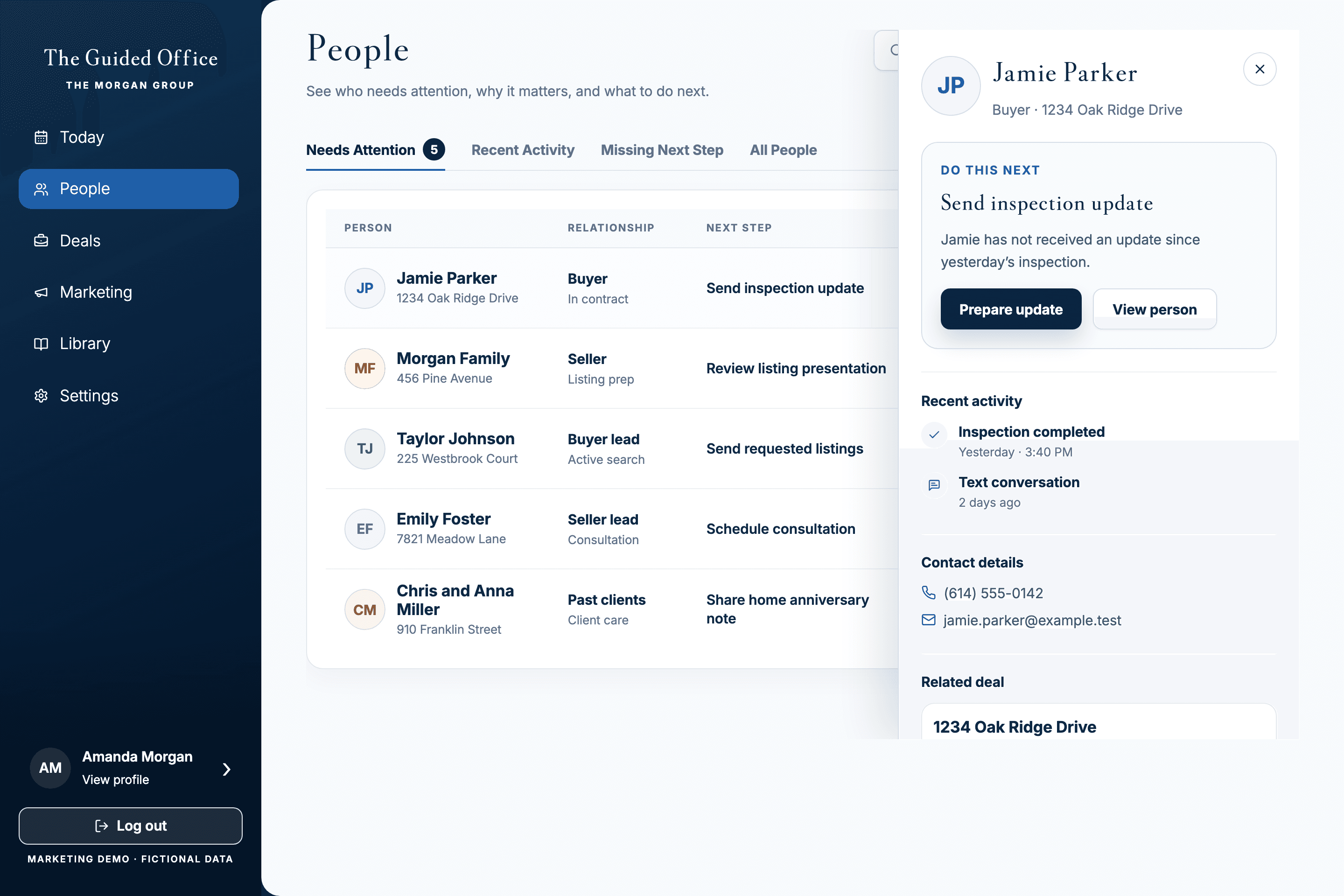 The Guided Office People screen with Jamie Parker’s activity and recommended next action using fictional demo data