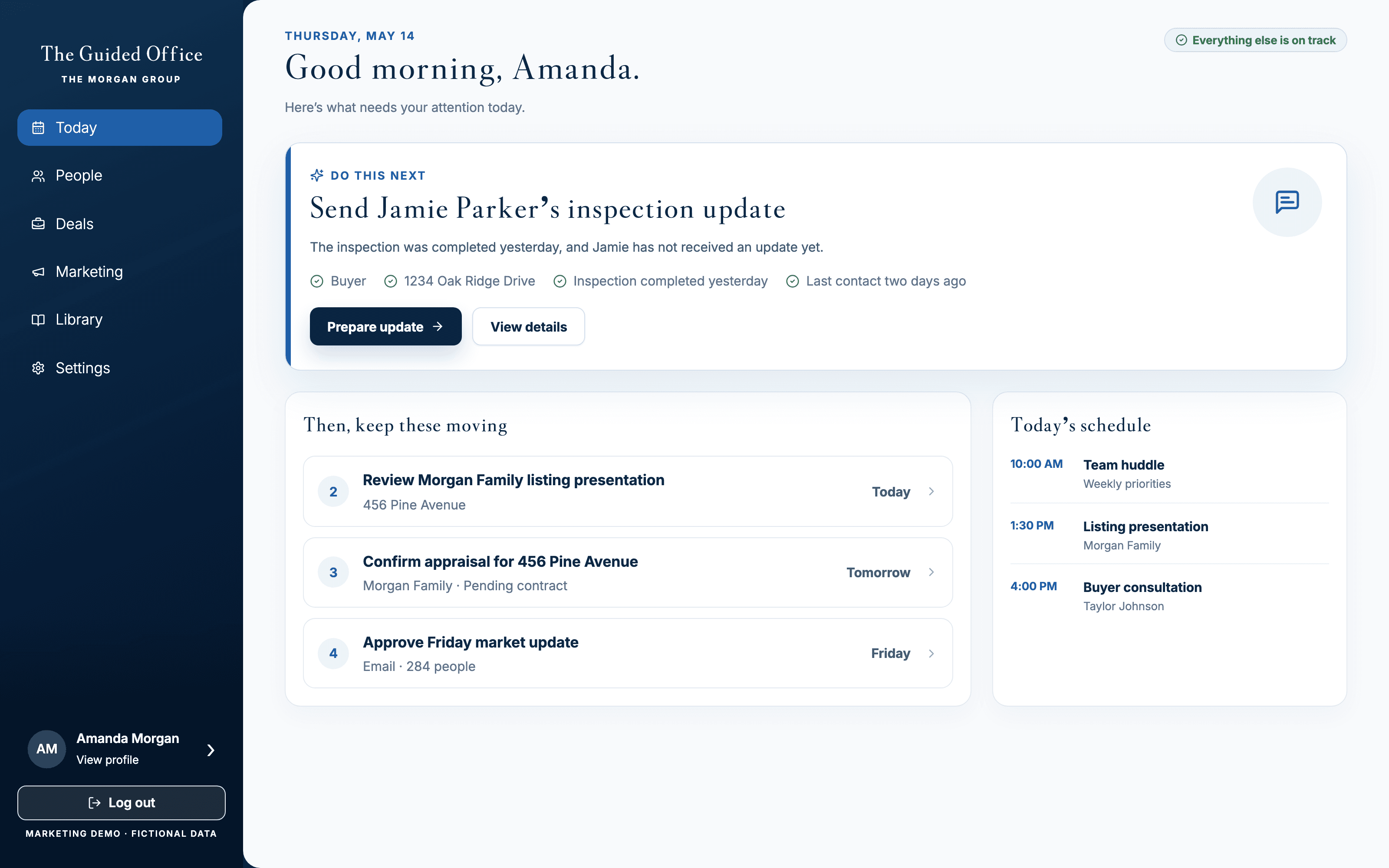 The Guided Office Today screen prioritizing Jamie Parker’s inspection update using fictional demo data
